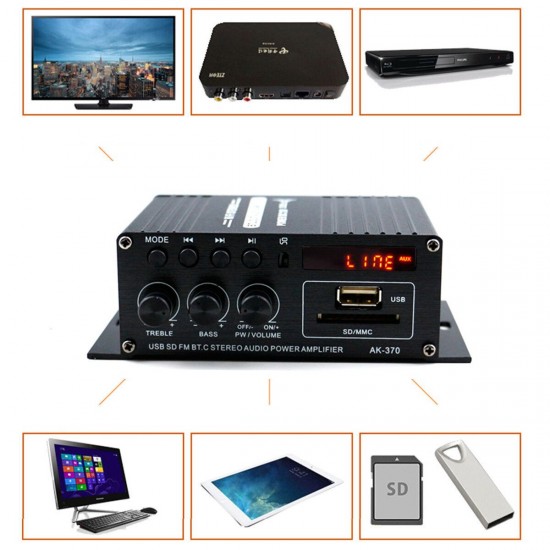 AK370 400W DC 12V / AC 220V Remote Control bluetooth HiFi Home car Stereo Amplifier Music Receiver FM Radio 20Hz-20KHz AK370 400W DC 12V / AC 220V Remote Control bluetooth HiFi Home car Stereo Amplifier Music Receiver FM Radio 20Hz-20KHz