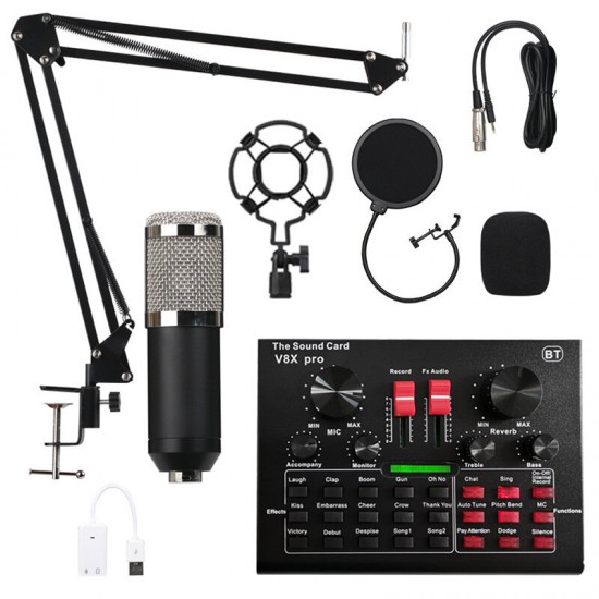 BM800 Live Sound Card V8 Condenser Microphone Recording Mount Boom Stand Mic Kit for Live Broadcast K Song