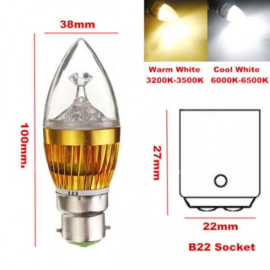 B22 3W 3 LED White/Warm White LED Candle Light Bulb 85-265V