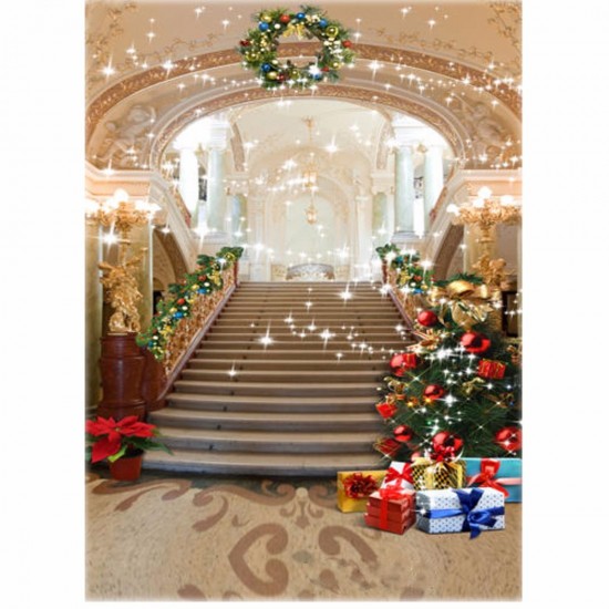 1.5x2.1m Vinyl Background Christmas Tree European Palace Stairs Studio Backdrop