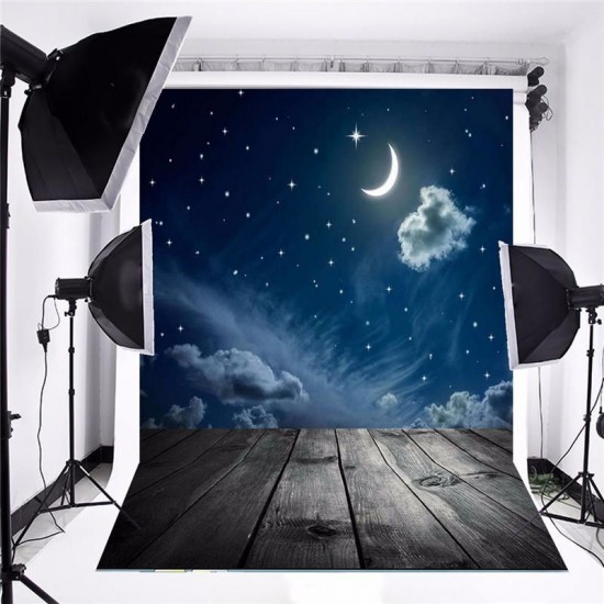 3x5FT Vinyl Moon Night Sky Star Wood Floor Photography Backdrop Background Studio Prop