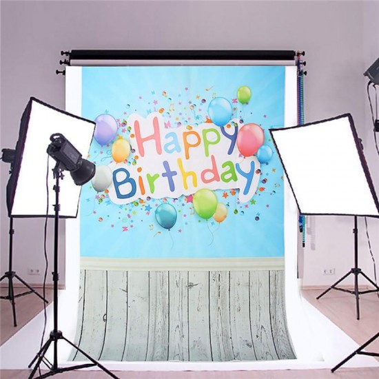 3x5ft Vinyl Happy Birthday Blue Wood Floor Studio Props Photography Background Backdrop