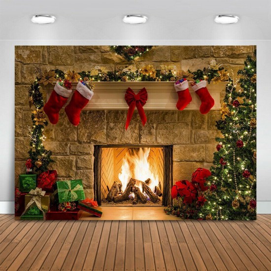 5x3FT 7x5FT 10x7FT Christmas Fireplace Red Socks Backdrop Photography Background Cloth Decoration Background Studio Prop