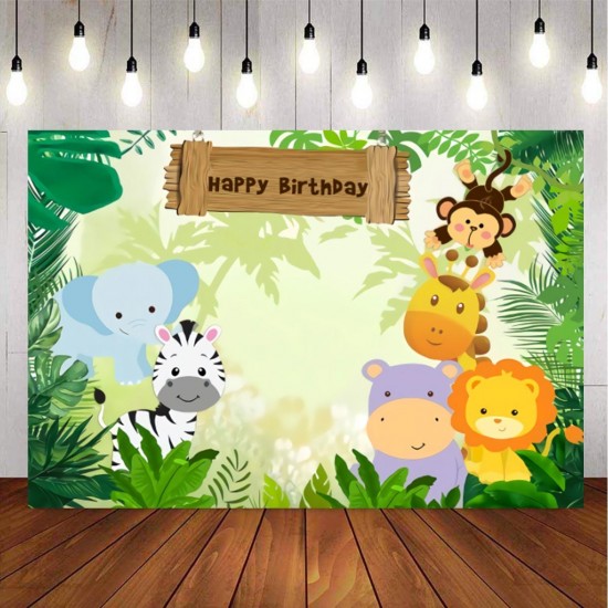5x3FT 7x5FT 9x6FT Jungle Elephant Lion Happy Birthday Photography Backdrop Background Studio Prop