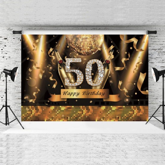 5x7FT Vinyl 50th Happy Birthday Black Gold Theme Photography Backdrop Background Studio Prop
