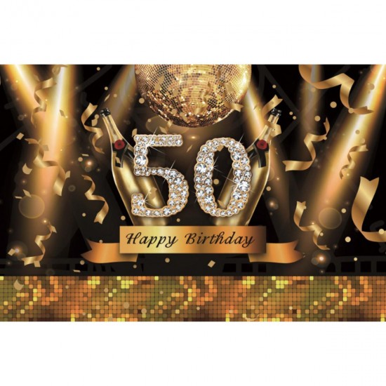 5x7FT Vinyl 50th Happy Birthday Black Gold Theme Photography Backdrop Background Studio Prop