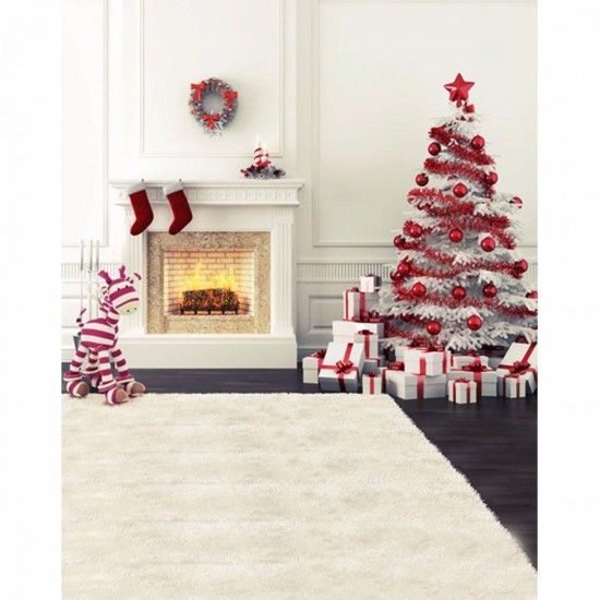 5x7FT Vinyl Christmas Tree Fireplace Stocking Photography Backdrop Background Studio Prop