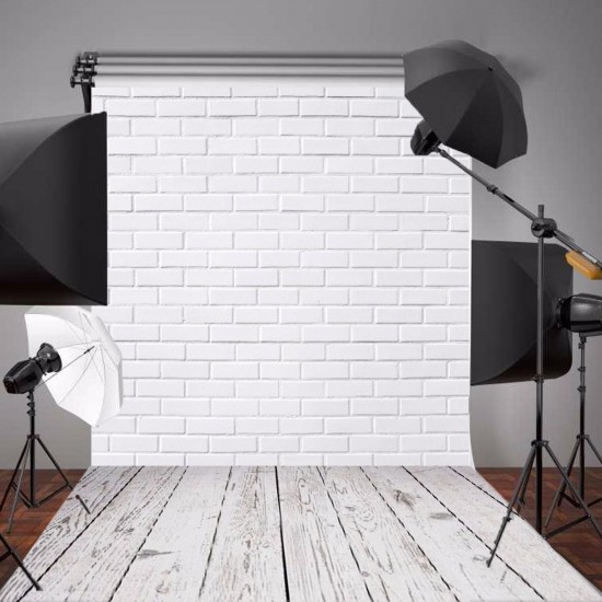 5x7FT Vinyl White Brick Wall Wood Floor Backdrop Studio Prop Photography Background