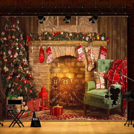 7x5FT Christmas Tree Fireplace Chair Gift Photography Backdrop Studio Prop Background
