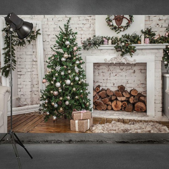 7x5FT White Room Christmas Tree Fireplace Gift Photography Backdrop Studio Prop Background