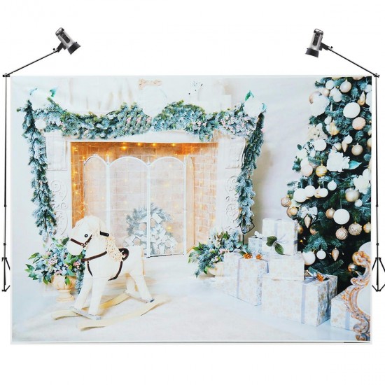 7x5FT White Room Christmas Tree Gift Wooden Horse Photography Backdrop Studio Prop Background