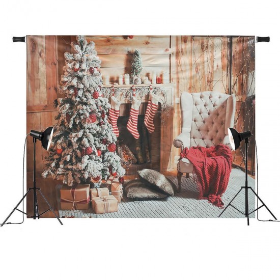 7x5ft Christmas Fireplace Christmas Tree Chair Gift Stockings Photography Backdrop Studio Prop Background