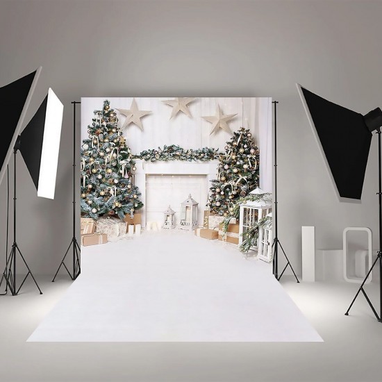 Christmas Photography Backdrops White Fireplace Wood Floor Background Cloth Photo Studio Background Christmas Tree