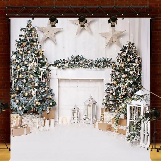 Christmas Photography Backdrops White Fireplace Wood Floor Background Cloth Photo Studio Background Christmas Tree