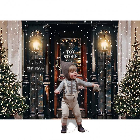 Christmas Tree Photography Backdrops Snowy Door Shop Window Background Cloth for Studio Photo Backdrop Prop