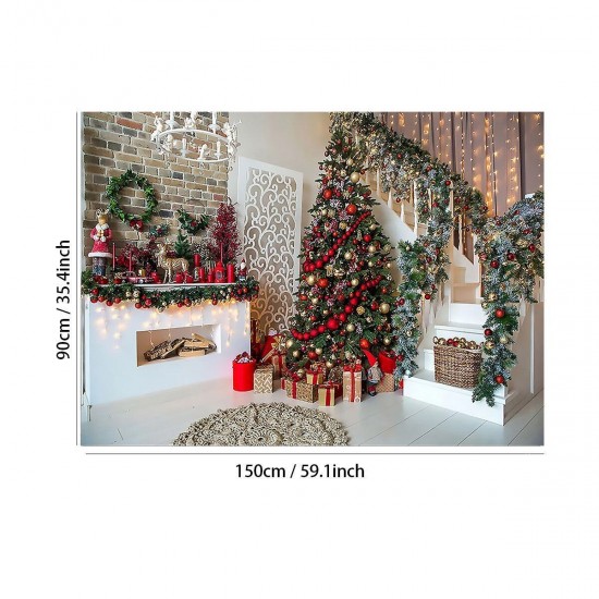 Christmas Tree Stairs Photography Backdrops Wood Floor Fireplace Background Cloth For Photo Studio Backdrop