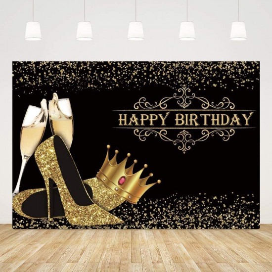 Happy Birthday Backdrop Lady Birthday Prom Party Background Shiny Golden Crown High Heel Party Banner Birthday Photo Studio Props