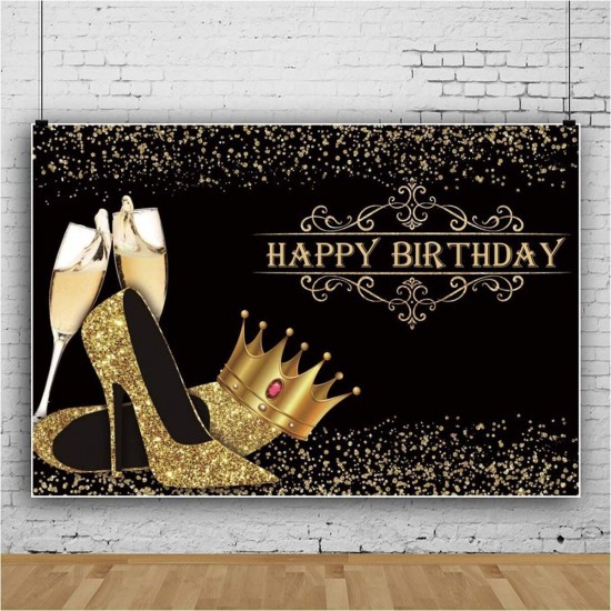 Happy Birthday Backdrop Lady Birthday Prom Party Background Shiny Golden Crown High Heel Party Banner Birthday Photo Studio Props