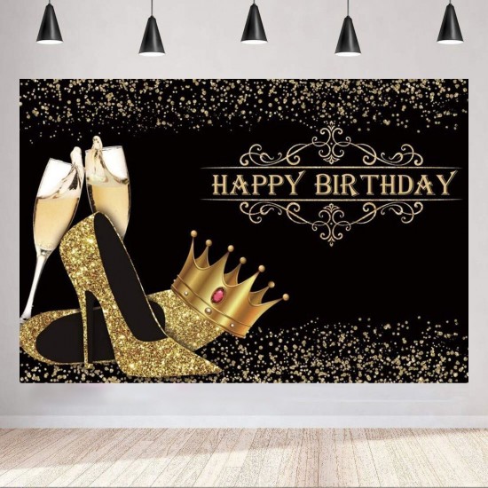 Happy Birthday Backdrop Lady Birthday Prom Party Background Shiny Golden Crown High Heel Party Banner Birthday Photo Studio Props