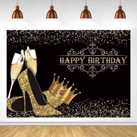 Happy Birthday Backdrop Lady Birthday Prom Party Background Shiny Golden Crown High Heel Party Banner Birthday Photo Studio Props