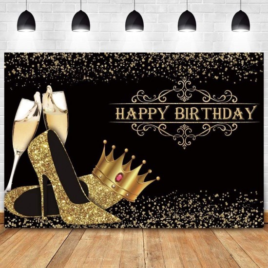 Happy Birthday Backdrop Lady Birthday Prom Party Background Shiny Golden Crown High Heel Party Banner Birthday Photo Studio Props