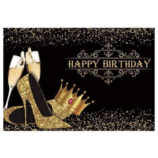 Happy Birthday Backdrop Lady Birthday Prom Party Background Shiny Golden Crown High Heel Party Banner Birthday Photo Studio Props