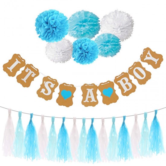 Boy Girl Baby Shower Set Banner Paper Pompom Tassel Garland Birthday Party Decorations