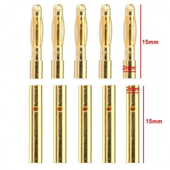 5 Pair 2mm Gold Bullet Connectors Banana Plugs For RC Car/Drone Lipo Battery 5 Pair 2mm Gold Bullet Connectors Banana Plugs For RC Car/Drone Lipo Battery