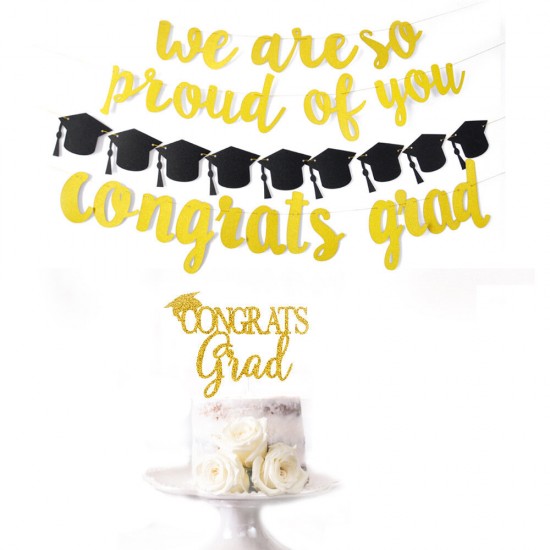 Graduation Party Banner Golden Shining We Are So Proud Of You Paper Hat Hanging Banner Party Decoration