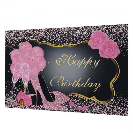 Sweet Pink Happy Birthday Photography Backdrop Rose Shiny Sequins High Heels Party Backdrop