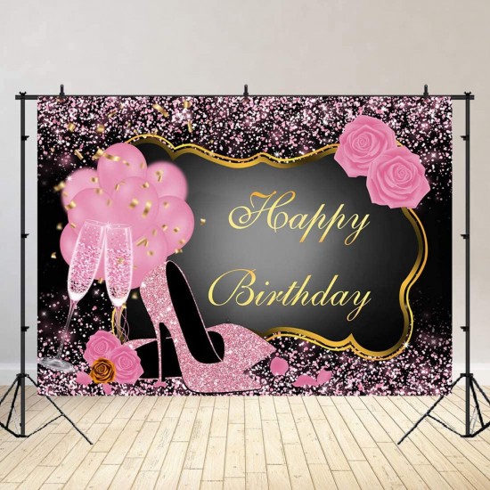 Sweet Pink Happy Birthday Photography Backdrop Rose Shiny Sequins High Heels Party Backdrop