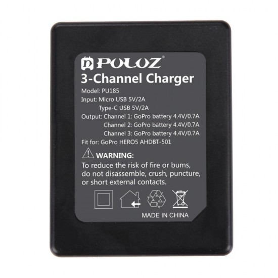 PU185 3-channel Battery Charger Micro USB Type-C Port for GoPro HERO5 AHDBT-501 PU185 3-channel Battery Charger Micro USB Type-C Port for GoPro HERO5 AHDBT-501