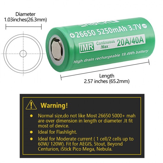 2PCS IMR 26650 3.7V 5250mah 20A Discharge Rechargeable Li-ion Battery-Flat top