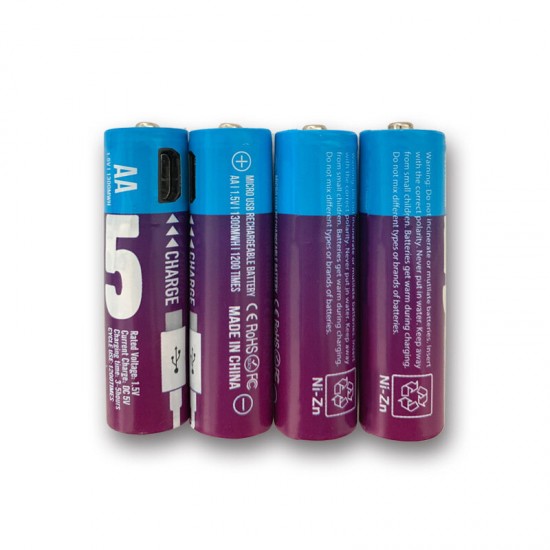 4 Pcs DC 5V 1300mWh USB Rechargeable AA Battery Ni-Zn No.5 Battery