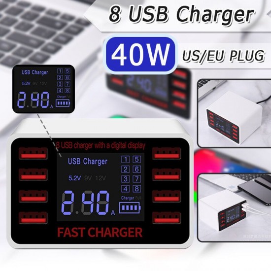 8 USB Charger 40W Multifunction Multi-USB Charging Station Hub Base Wall-mounted Smart Digital Display