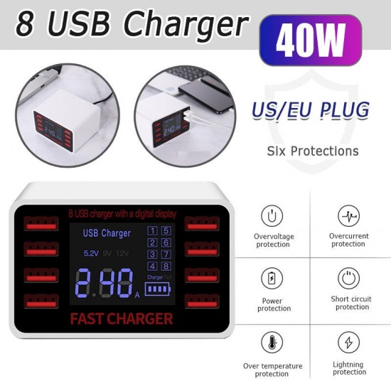8 USB Charger 40W Multifunction Multi-USB Charging Station Hub Base Wall-mounted Smart Digital Display