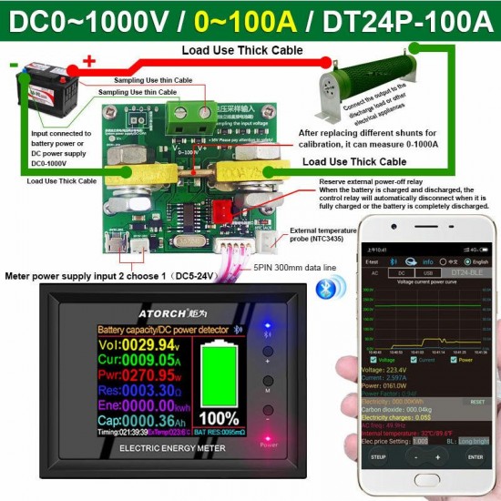 DT24P 1000V/100A External Shunt Digital DC Power Supply Voltmeter Ammeter Battery Coulometer Capacity Amp Tester Battery Fuel Meter for App