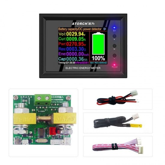 DT24P 1000V/500A IPS Display Digital DC Power Supply Voltmeter Ammeter Battery Coulometer Capacity Amp Tester Battery Fuel Meter for App External Shunt