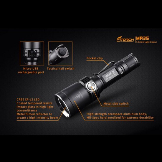 MR35 XP-L2 1200Lumens 5lightcolors Rechargeable Portable UV LED Flashlight