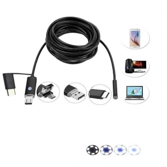 3-in-1 5.5mm 6LED Waterproof Borescope Android USB Type C Borescope Inspection Camera 1/2/3.5/5m
