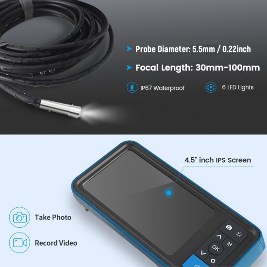 MS450 5.5mm Single Lens 1080P Industrial Borescope 4.5 Inch Screen Waterproof Snake Camera with 6 LED For Pipeline Drain Sewer Inspection Cam MS450 5.5mm Single Lens 1080P Industrial Borescope 4.5 Inch Screen Waterproof Snake Camera with 6 LED For Pipeline Drain Sewer Inspection Cam