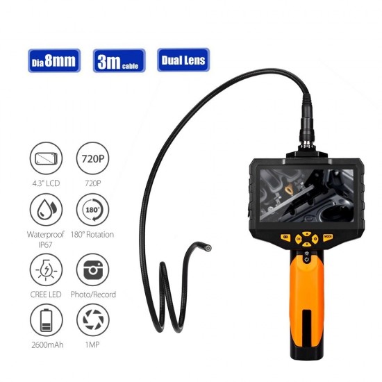 NTS300 8mm 3m Borescope Dual Camera Lens Flexible IP67 Waterproof Inspection Borescope Cameras 6LEDs Oil-proof Snake Cam NTS300 8mm 3m Borescope Dual Camera Lens Flexible IP67 Waterproof Inspection Borescope Cameras 6LEDs Oil-proof Snake Cam