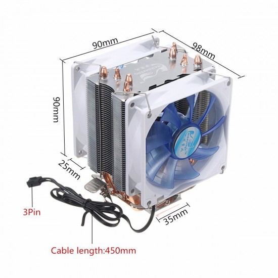 92mm 3 Pin Blue LED Copper CPU Cooler Cooling Fan Heat Sink for Intel LGA775/1156/1155 AMD AM2/2+/3