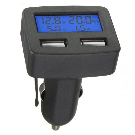 12V 24V Universal Dual USB Interface Car Charger With Voltmeter Ammeter Thermometer LCD Display 12V 24V Universal Dual USB Interface Car Charger With Voltmeter Ammeter Thermometer LCD Display