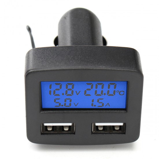 12V 24V Universal Dual USB Interface Car Charger With Voltmeter Ammeter Thermometer LCD Display 12V 24V Universal Dual USB Interface Car Charger With Voltmeter Ammeter Thermometer LCD Display