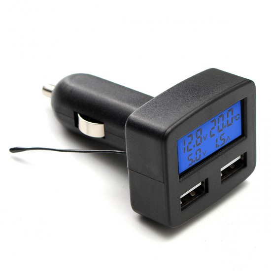 12V 24V Universal Dual USB Interface Car Charger With Voltmeter Ammeter Thermometer LCD Display