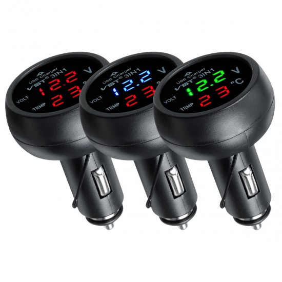 1Pcs 3 In 1 Car Digital LED Thermometer USB Charger Lighter Voltmeter