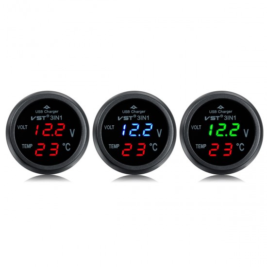 1Pcs 3 In 1 Car Digital LED Thermometer USB Charger Lighter Voltmeter