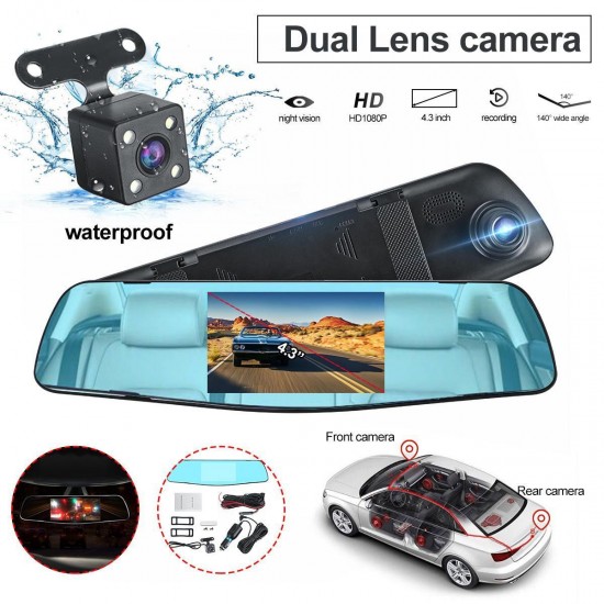1080P HD Dual Lens Car DVR Video Cam Mirror Recorder With Rear View Camera