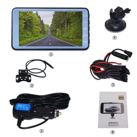 4 Inch 1080P Car DVR Dash Cam Video Recorder Front + Rear Camera Dual Lens LCD